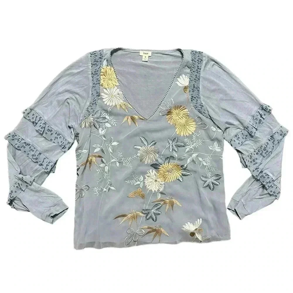Anthropologie Tiny Frances Long-Sleeve Ruffled Top Embroidered S $118